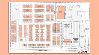 A site plan of a neighborhood with houses, apartments and retail shopping. 